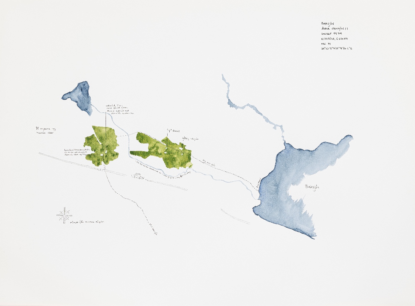 Watercolour with two green shapes and two blue areas, a meandering blue line and text annotations