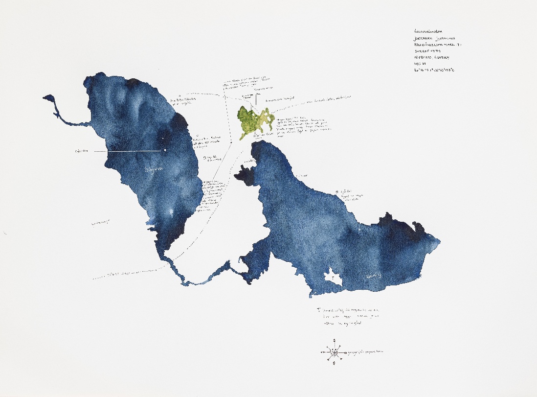 Watercolour of a map with two irregularly shaped large blue areas that are linked by a meandering blue line and a smaller green shape, annotated with writing